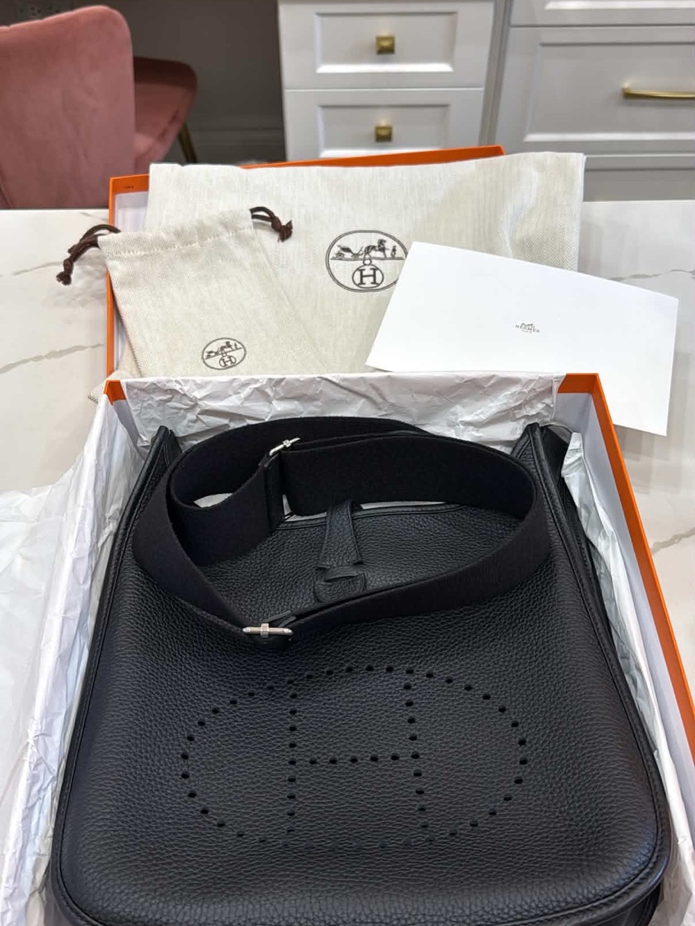 Hermes Black Leather Crossbody Bag with Perforated H